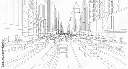 Sketchy, high-angle view of a busy city street with dense car traffic and tall buildings