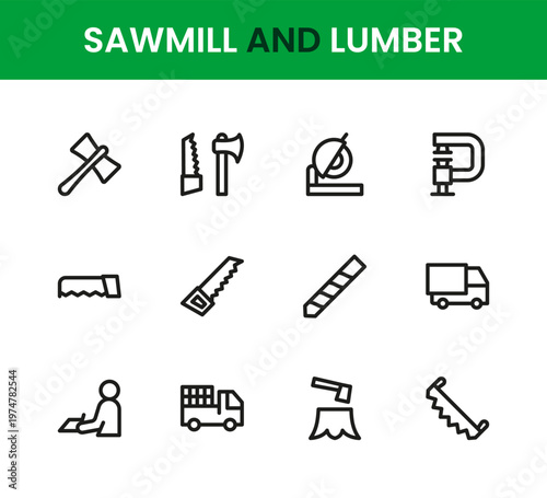 Sawmill and lumber icon set. Modern simple line icon pack designed with timber industry visuals, cutting equipment, wood processing icons, minimal forms and clear readability
