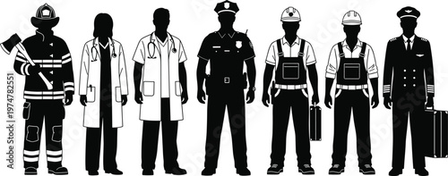 Black Silhouette Set of Essential Workers Including Doctor Firefighter Police Officer Engineer and Pilot Standing Isolated on White Background for Professional Design