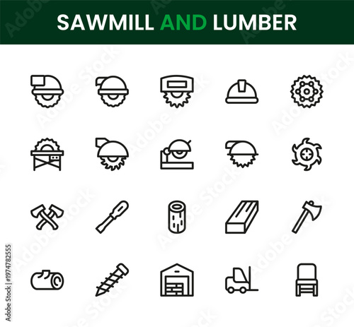 Sawmill and lumber icon set. Modern clean line icon bundle showcasing cutting machinery, forestry elements, wood production visuals, detailed icons and balanced composition