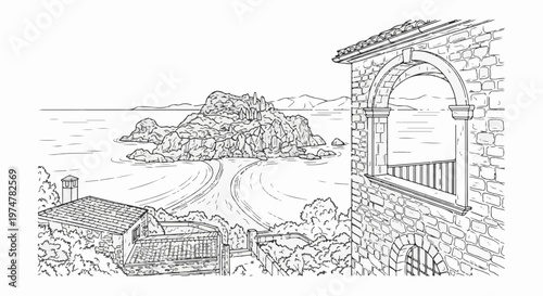 Stone building archway overlooks rocky island and serene sea on a clear day