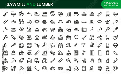 Sawmill and lumber icon set. Modern simple line icon bundle designed with lumber industry visuals, forestry tools, wood processing icons, minimal forms and strong clarity