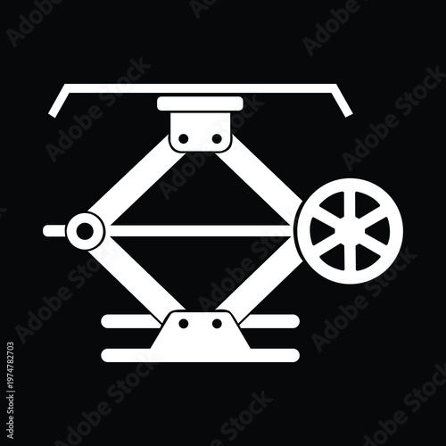 White Silhouette Scissor Car Jack with Hand Wheel Lifting Frame Vector Icon 