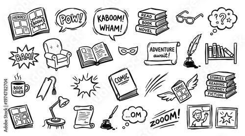 Collection of hand-drawn doodles representing reading and storytelling elements like books comics and creative inspiration