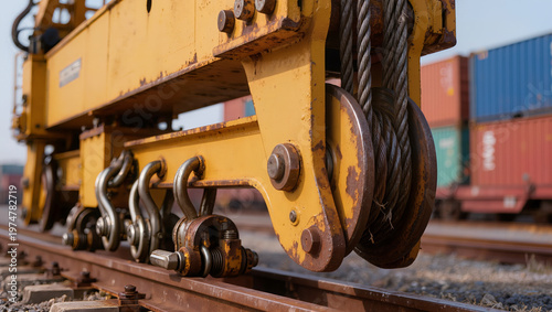 Industrial yellow gantry crane mechanism with steel cables and pulleys on railway tracks in container terminal, heavy equipment, cargo handling, port logistics, and transport infrastructure