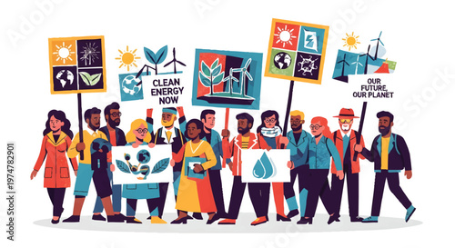 Diverse group of people protesting for environmental awareness and sustainability