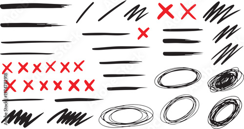 A creative collection of hand-drawn marker and ink elements featuring black scribbles, circular frames, and underlines on a white background.