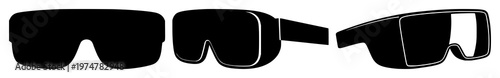 Augmented reality glasses set with solid black vector icon on white background featuring icon, black and white, simple, outline with AR and wearable tech