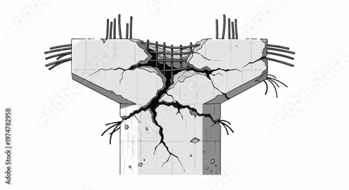 Broken concrete pillar with exposed rebar, showing severe structural damage