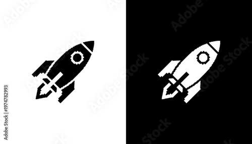 Black and white pixels rocket ship icons.