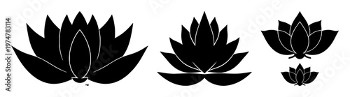 Lotus flower icon set with solid black outline on white background featuring mindfulness, meditation, minimal line art with simplicity and clarity