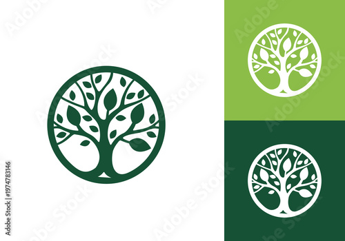 line art nature logo vector design oak tree inside circle, abstract tree logo symbol inside circle	