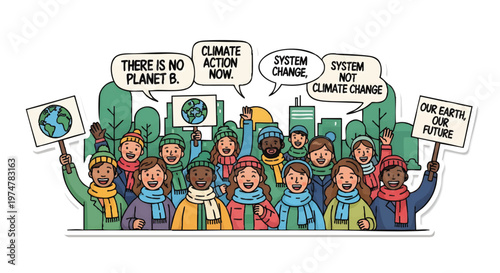 Diverse group of people protesting for climate action and environmental awareness