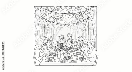 Outdoor wedding reception with a couple and guests at a long table