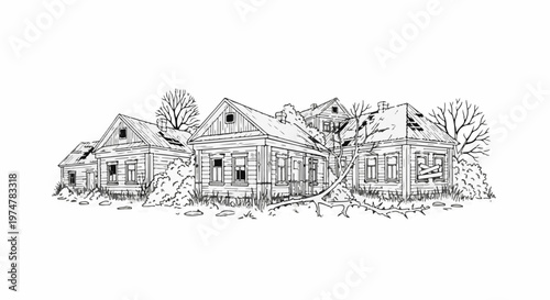 An illustration depicting a row of dilapidated, abandoned wooden houses