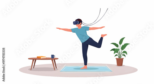 woman doing yoga at home with plant and table nearby