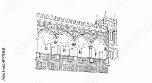 Ornate gothic balcony with arched openings and decorative detailing