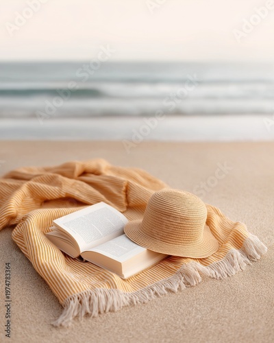 Open book and straw hat on yellow striped towel on sandy beach. Blurred ocean waves in background, relaxing summer vacation scene