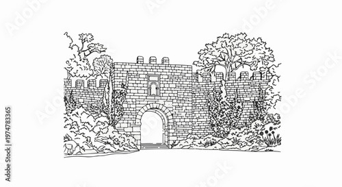 An ancient stone gatehouse entrance with arched doorway and surrounding lush greenery