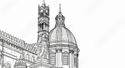 Architectural sketch of a grand cathedral with a prominent dome and tower