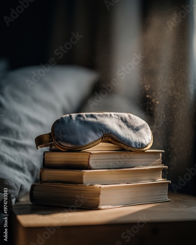 Sleep mask on stack of old books on wooden surface in sunlit bedroom, cozy evening or morning routine