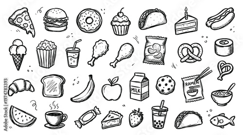 Diverse Hand Drawn Food Icons Collection Featuring Popular Fast Food Snacks Desserts Drinks and Fruits on White Background Sketch Style