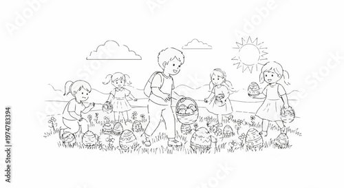 Children joyfully search for colorful eggs scattered across a sunny, grassy meadow