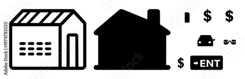 Rent payment icon set with simple solid black icon on white background featuring money, cash, dollar sign with digital and financial