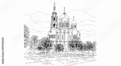 Ornate domed structure with bell tower and bare trees in park