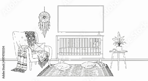 Cozy nursery room with a crib, armchair, rug, and plant