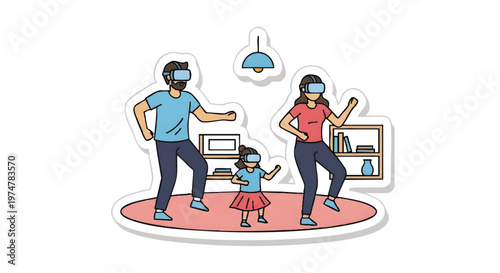 Family wearing face masks dancing together at home