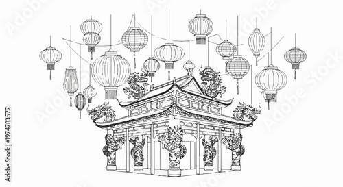 Ornate Asian pavilion under a canopy of decorative lanterns and dragon figures