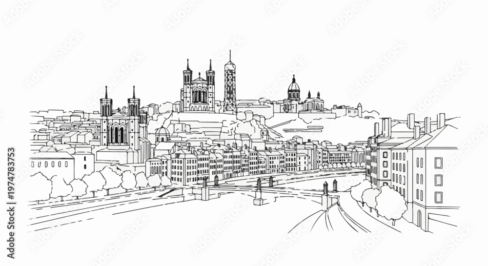 Fototapeta premium Pen and ink sketch of a grand cityscape with a prominent cathedral on a hill