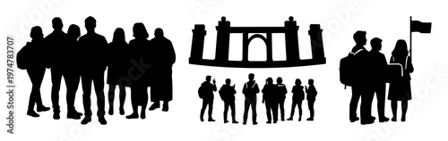 Guided tour group icon set with solid black icon on bright white background featuring travel, group, tour with guide and icon