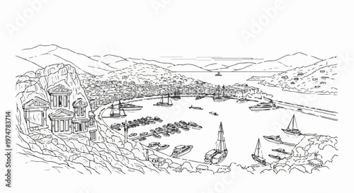 Hand-drawn sketch of a coastal town with ancient ruins and a busy harbor