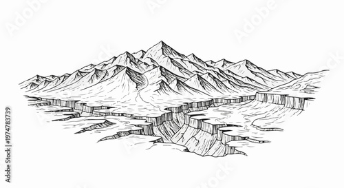 Jagged mountain peaks dominate a stark landscape with deep, fractured canyons