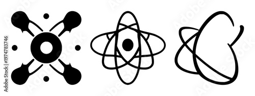 Quantum computing qubit atom set with solid black icon on white background featuring qubit, atom, quantum mechanics with iconography and vector graphics