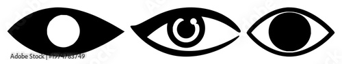Eye icon set with solid black graphic on white background featuring eye, computer, vision, scanning with technology and design