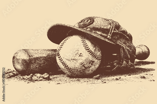 A vector illustration of baseball equipment consisting of a cap, ball, and bat. This vector illustration can be used in any size you like for advertising, logos, and other work.