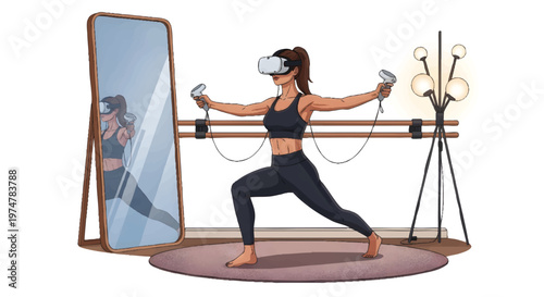 woman wearing VR headset exercising in front of mirror