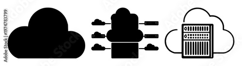 AI server rack icon set with solid black design and white background featuring cloud computing, server rack, AI, technology with graphics and illustration