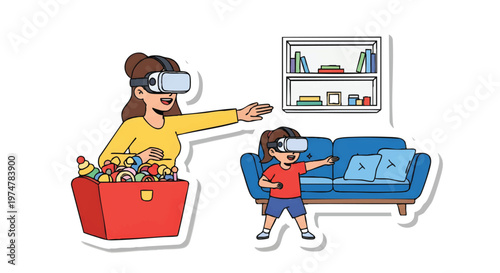 Mother and child wearing VR headsets playing with toys