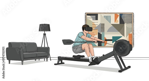 Woman exercising on rowing machine at home with modern furniture