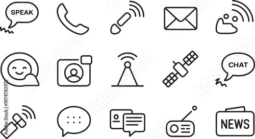 Messaging and networking vector illustration collection featuring phone talk bubbles and satellite signal icons set.
