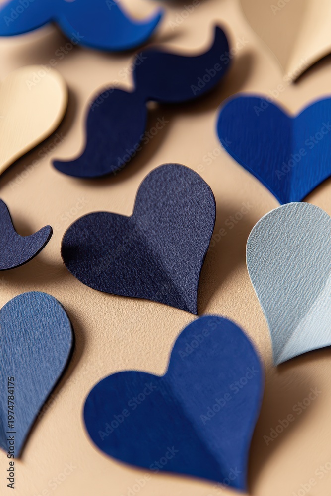 Obraz premium Close Up Of Blue And White Hearts And Mustaches Shapes Scattered On A Tan Background With Soft Lighting And Shallow Depth Of Field Perfect For Fathers Day Celebration