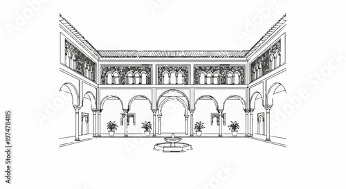 Ornate arched courtyard with fountain and decorative wall panels
