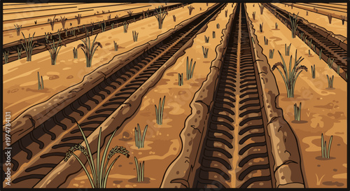 Muddy field with tire tracks and sparse green plants