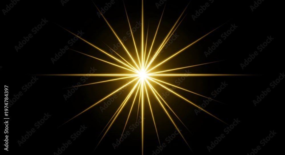 Fototapeta premium Golden starburst effect radiates brightly against a stark black background