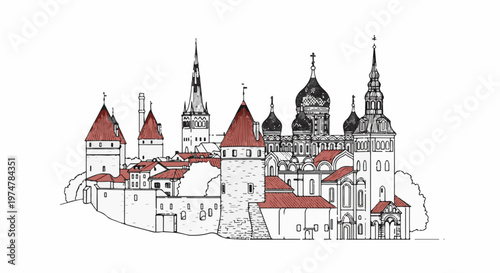 Detailed sketch of historic buildings with conical roofs and spires