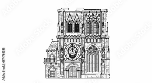 Ornate gothic cathedral facade with a large clock and arched windows